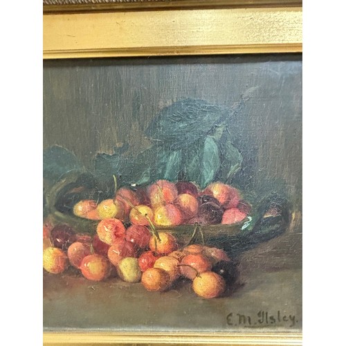 620 - E M Ilsley, still life cherries, oil on canvas, circa 1900, signed, 25cm x 41cm, framed