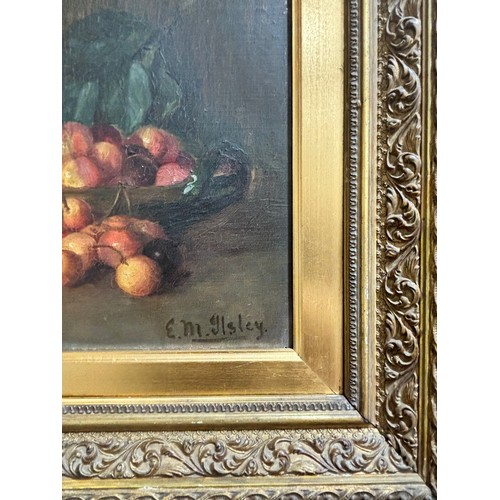 620 - E M Ilsley, still life cherries, oil on canvas, circa 1900, signed, 25cm x 41cm, framed