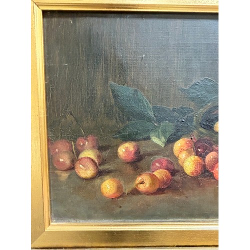 620 - E M Ilsley, still life cherries, oil on canvas, circa 1900, signed, 25cm x 41cm, framed