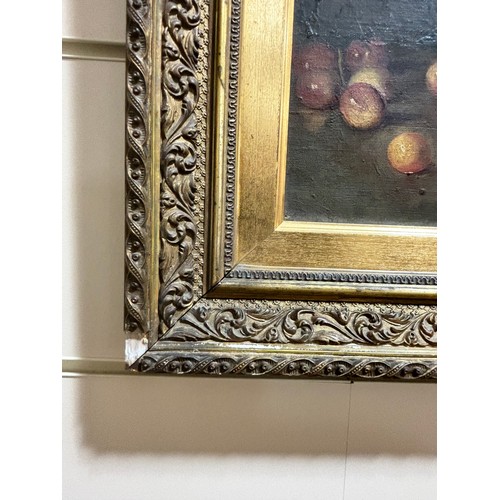 620 - E M Ilsley, still life cherries, oil on canvas, circa 1900, signed, 25cm x 41cm, framed