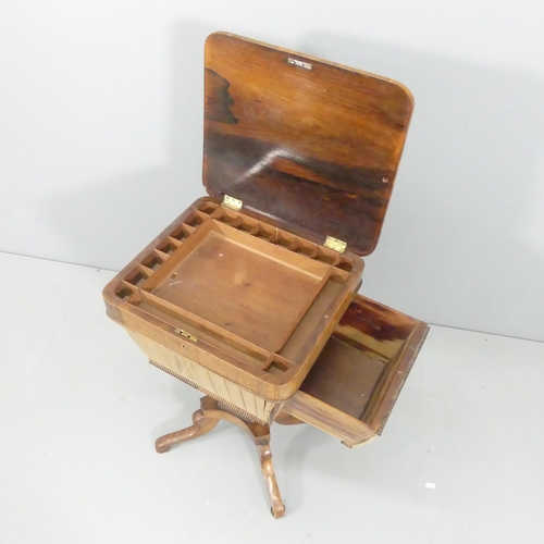 2126 - A 19th century coromandel wood sewing box, with lifting lid, sliding basket and raised on a central ... 