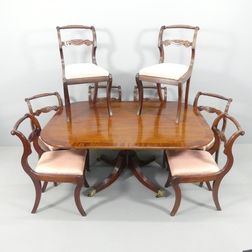 2139 - A Regency crossbanded mahogany tilt-top rectangular breakfast table, 152x69x113cm, and a set of eigh... 