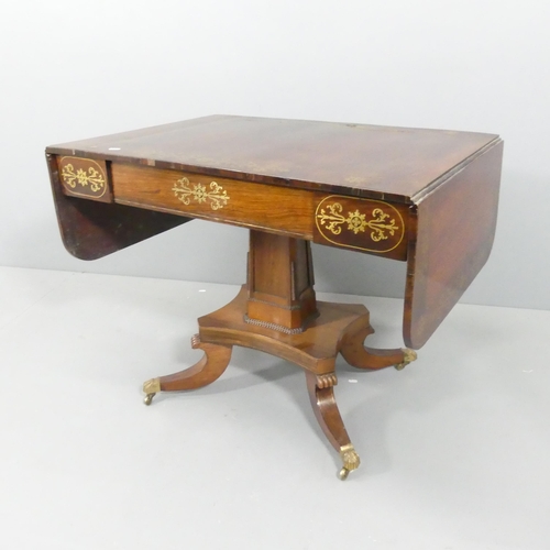 2141 - 19th century brass inlaid rosewood sofa table, with single frieze drawer and sabre leg base, 91cm x ... 