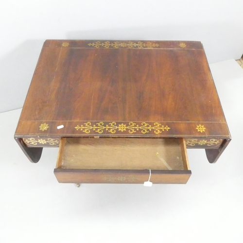 2141 - 19th century brass inlaid rosewood sofa table, with single frieze drawer and sabre leg base, 91cm x ... 