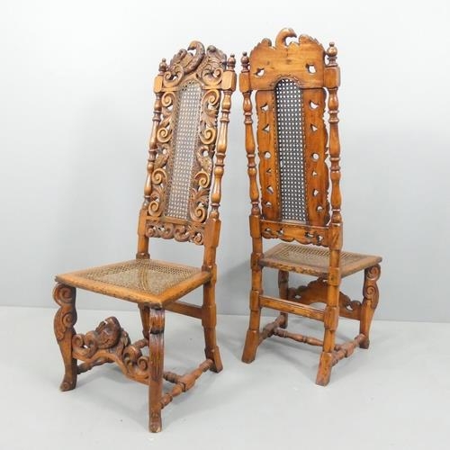 2171 - A pair of 19th century yew-wood and mahogany Carolean style hall chairs, with cane panelled backs an... 