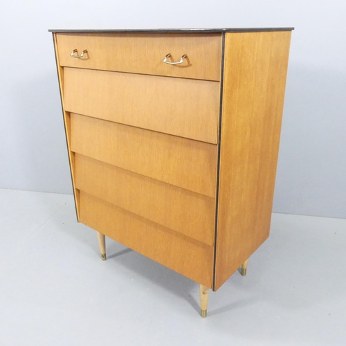 2061 - A mid-century teak chest of five long drawers, with label for Avalon Yatton. 78x104x46cm.