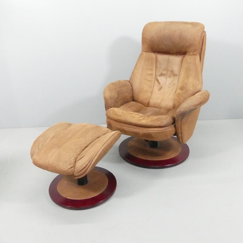 2071 - A mid-century design suede upholstered reclining swivel lounge chair with matching footstool, in the... 