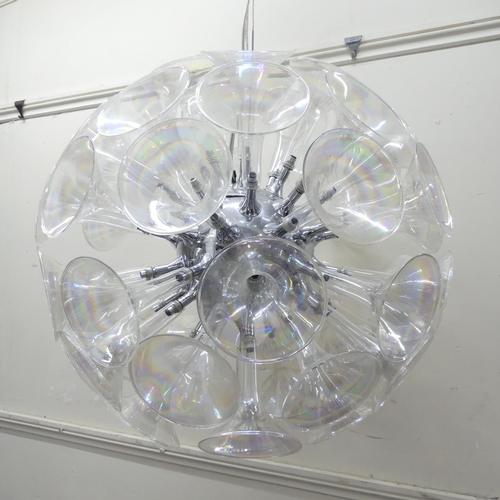 2085 - A mid-century design sputnik chandelier, with iridescent fluted glass shades. Diameter 55cm, cable d... 