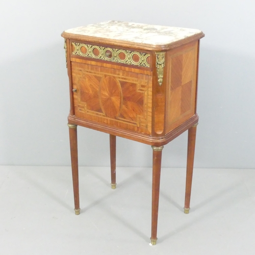 2090 - A French 19th century style kingwood mahogany marble-topped and lined pot-cupboard with inlaid decor... 