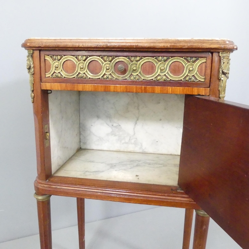 2090 - A French 19th century style kingwood mahogany marble-topped and lined pot-cupboard with inlaid decor... 