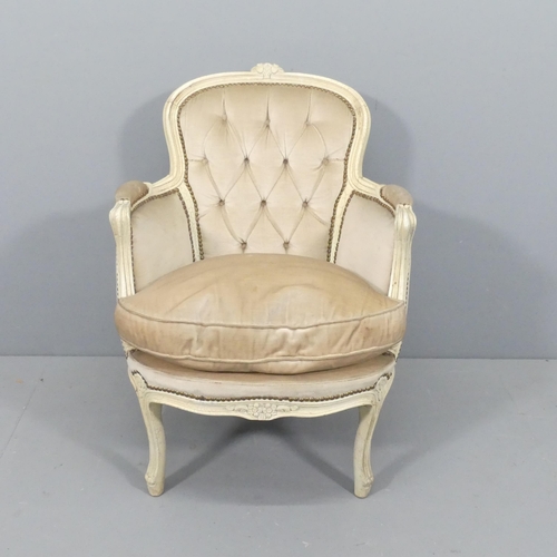 2213 - A continental style painted wood and button-back upholstered arm chair, with applied carved decorati... 