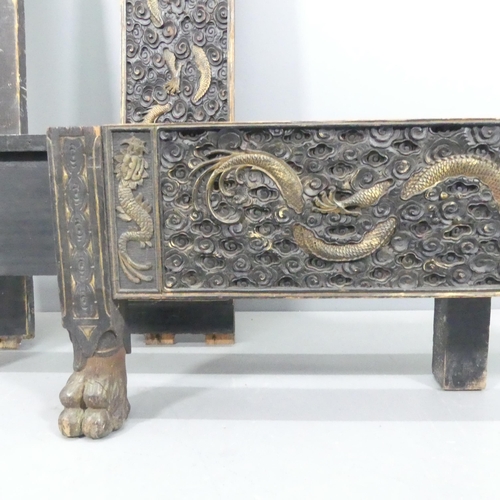 2222 - A Chinese black and gold painted daybed frame, with carved dragon decoration. Overall size approxima... 