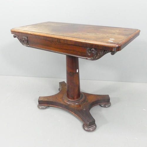 2230 - A 19th century rosewood fold-over card table, raised on central column with platform base. 91x74x46c... 