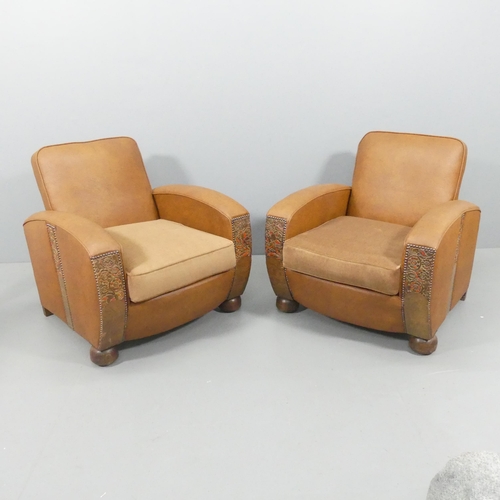 2232 - A pair of Art Deco style faux-leather upholstered club armchairs, with tooled and studded decoration... 