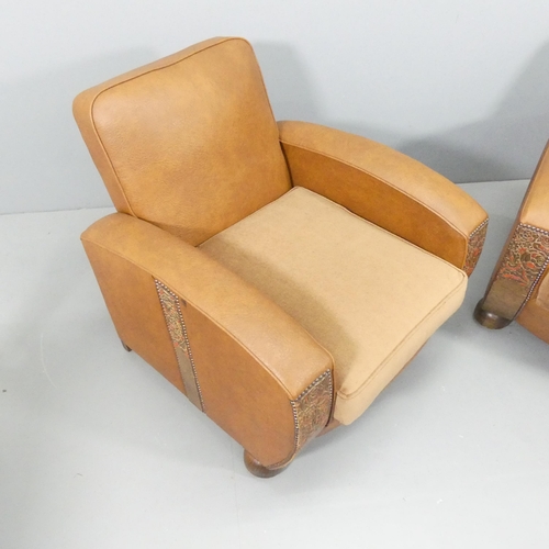 2232 - A pair of Art Deco style faux-leather upholstered club armchairs, with tooled and studded decoration... 