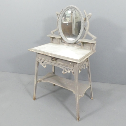 2233 - A French painted pine marble-topped wash stand, with raised mirrored back. 69x123x47cm.