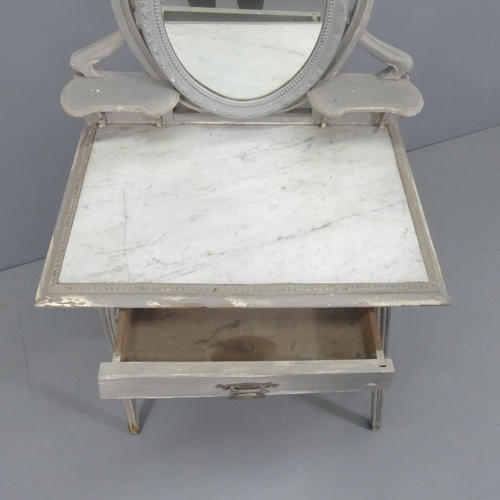 2233 - A French painted pine marble-topped wash stand, with raised mirrored back. 69x123x47cm.