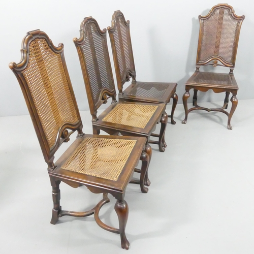 2238 - A set of four 18th century style high back chairs, with cane panels and x shaped stretcher.