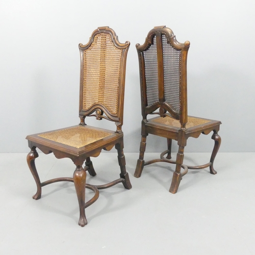 2238 - A set of four 18th century style high back chairs, with cane panels and x shaped stretcher.