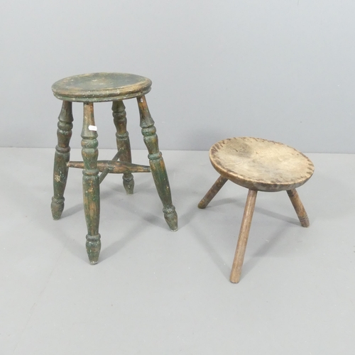 2249 - A painted elm-seated kitchen stool, height 51cm, and a milking stool. (2)