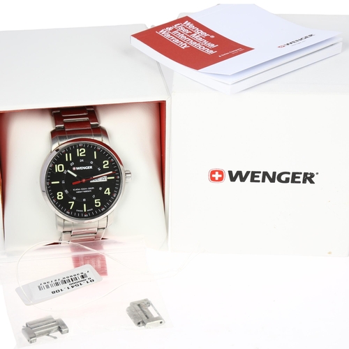 1067 - WENGER - a stainless steel Attitude quartz day/date bracelet watch, ref. 01.1541.108, black dial wit... 