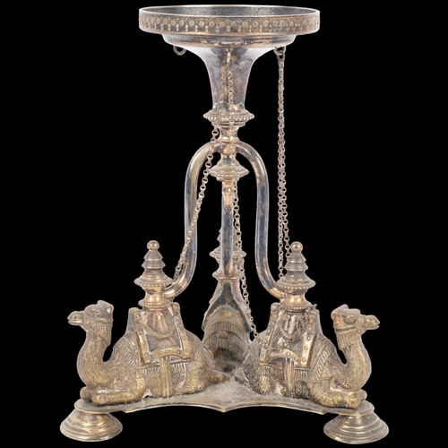 1000 - An English Archaeological Revival silver plated 'Egyptian Camel' table centre epergne base, probably... 