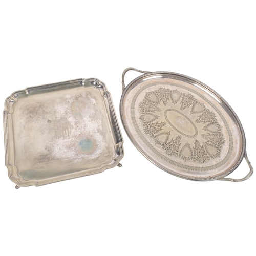 1005 - An early 20th century silver plated oval 2-handled tea tray, and a silver plated square salver, W35c... 