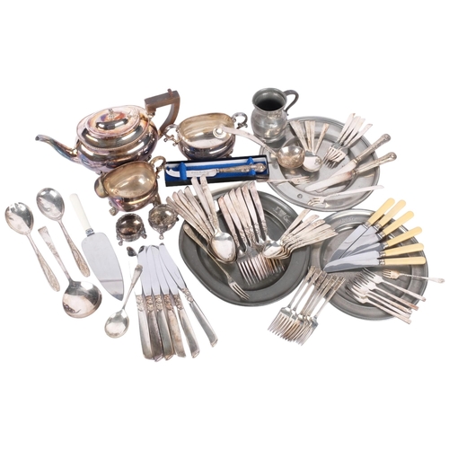 1009 - A silver plated 3-piece tea set, 18th century pewter dinner plates, and various cutlery