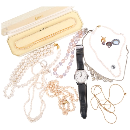 1012 - Various jewellery, including single-strand pearl necklace with 9ct gold clasp, etc