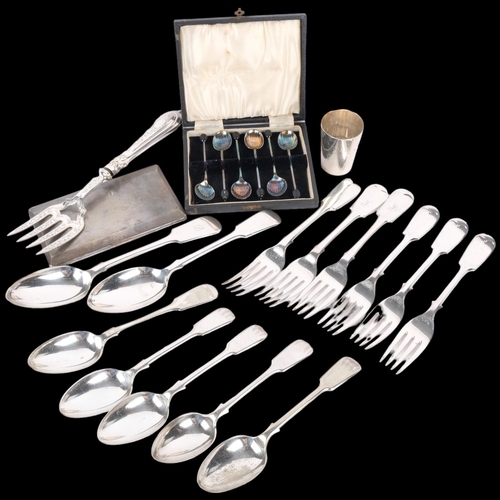 1014 - Various silver plate, including 19th century drinking tot, cutlery, fish serving fork, etc