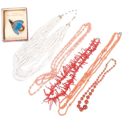 1047 - Coral necklace, glass bead necklaces, Athole real Scottish plume blue jay feather brooch, etc