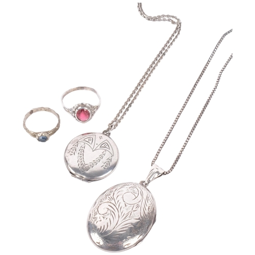 1052 - 2 early 20th century silver locket pendant necklaces, and 2 silver rings (4)