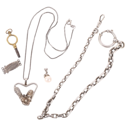 1056 - A Scandinavian silver cable link watch chain/bracelet, unmarked floral pendant necklace, etc