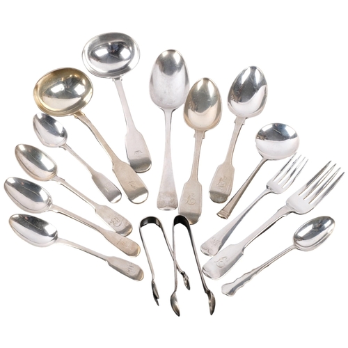 1082 - Various silver flatware, including Victorian Fiddle pattern examples, by Reid & Sons of Newcastle, 1... 