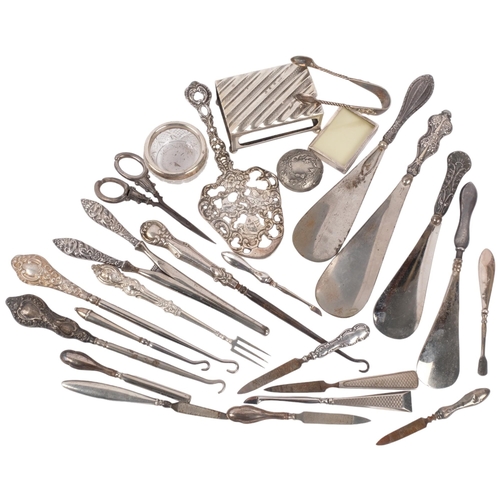 1084 - Various silver-mounted items, including shoe horns, table-top matchbox holder, pastry serving slice,... 