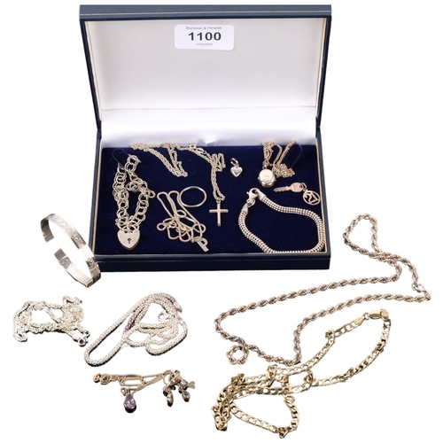 1100 - Various silver jewellery, including Italian gilded flat curb link chain necklace, heart lock bracele... 