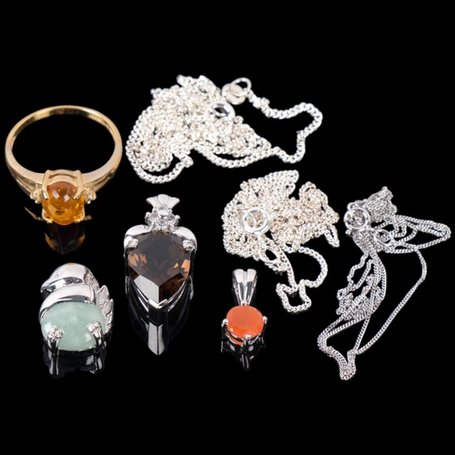 1104 - 4 pieces of Gems TV silver jewellery, including 9ct gold amber and white topaz ring, 9ct white gold ... 