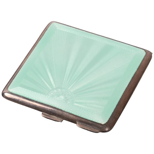 1107 - An Art Deco George VI silver and green enamel compact, Turner & Simpson Ltd, Birmingham 1947, 6.5cm