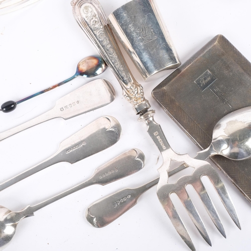 1014 - Various silver plate, including 19th century drinking tot, cutlery, fish serving fork, etc