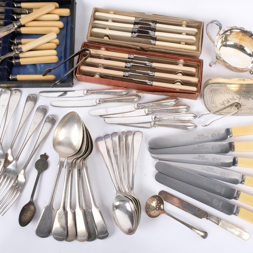 1016 - Various silver plate, including cutlery, cream jug, mother-of-pearl handled crumb tray, etc