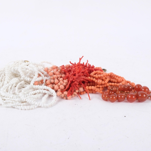 1047 - Coral necklace, glass bead necklaces, Athole real Scottish plume blue jay feather brooch, etc