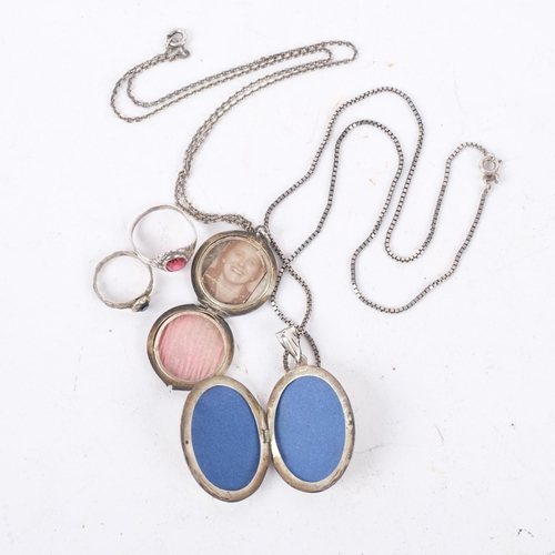 1052 - 2 early 20th century silver locket pendant necklaces, and 2 silver rings (4)