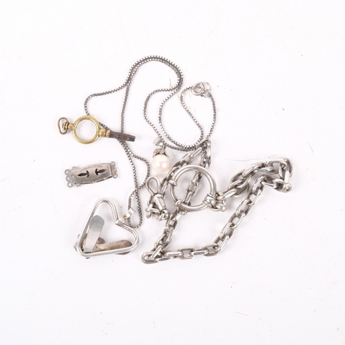 1056 - A Scandinavian silver cable link watch chain/bracelet, unmarked floral pendant necklace, etc