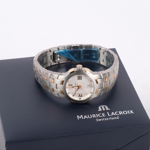 1065 - MAURICE LACROIX - a lady's bi-metal Milestone quartz calendar bracelet watch, ref. 79861, silvered d... 