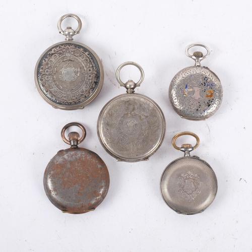 1075 - 4 Continental silver open-face fob watches, and another gun metal example (5)