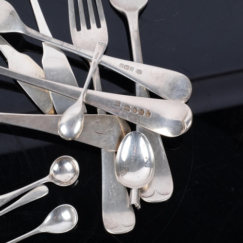 1081 - Various silver flatware, including pair of George III Old English pattern tablespoons, Irish Fiddle ... 