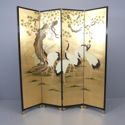 2273 - A Chinese black laquered four-fold room divider screen, one side with gold leaf and painted heron de... 