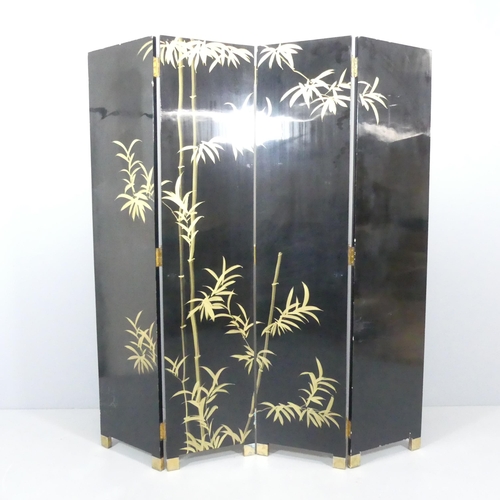 2273 - A Chinese black laquered four-fold room divider screen, one side with gold leaf and painted heron de... 