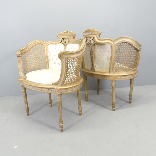 2556 - A French gilt-painted and upholstered salon suite comprising a two-seater settee, and two matching c... 