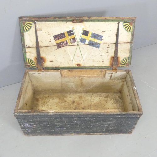 2571 - A Vintage painted pine sailors trunk, the interior decorated with Swedish flags. 89x39x42cm.